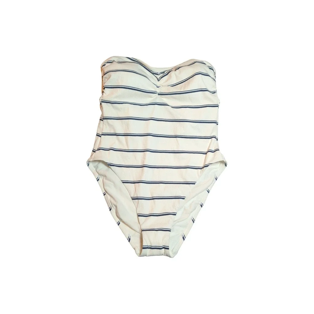 ⭐D4 Women's Striped High Leg One Piece Swimsuit Shade & Shore Cream & Navy L